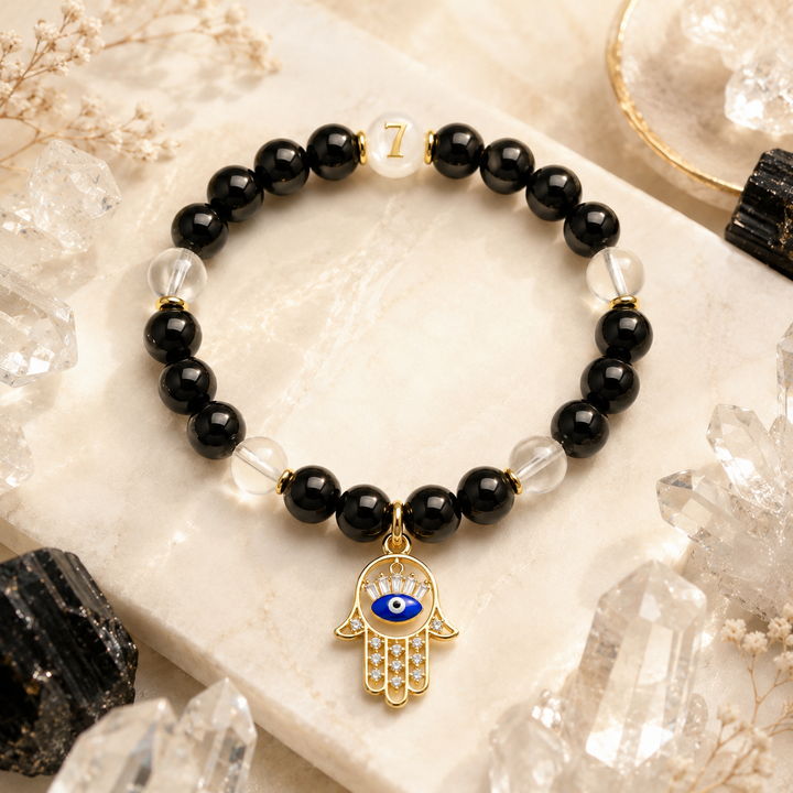 Black Obsidian Clear Quartz Protection Bracelet – Hamsa & Evil Eye Energy