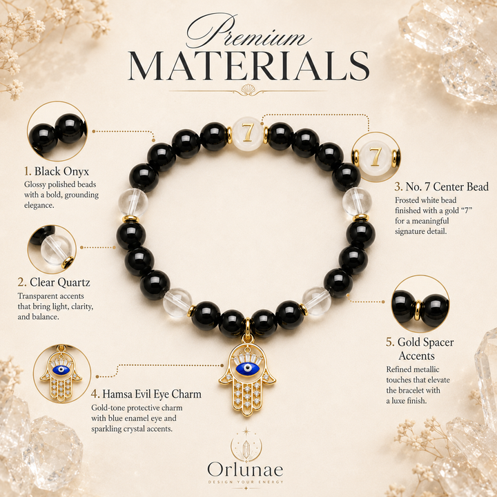 Black Obsidian Clear Quartz Protection Bracelet – Hamsa & Evil Eye Energy