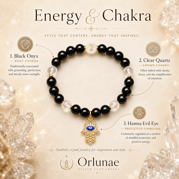 Black Obsidian Clear Quartz Protection Bracelet – Hamsa & Evil Eye Energy