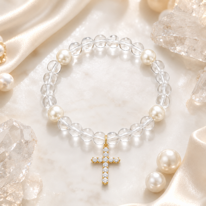 Clear Quartz Pearl Cross Bracelet – Clarity & Faith Energy