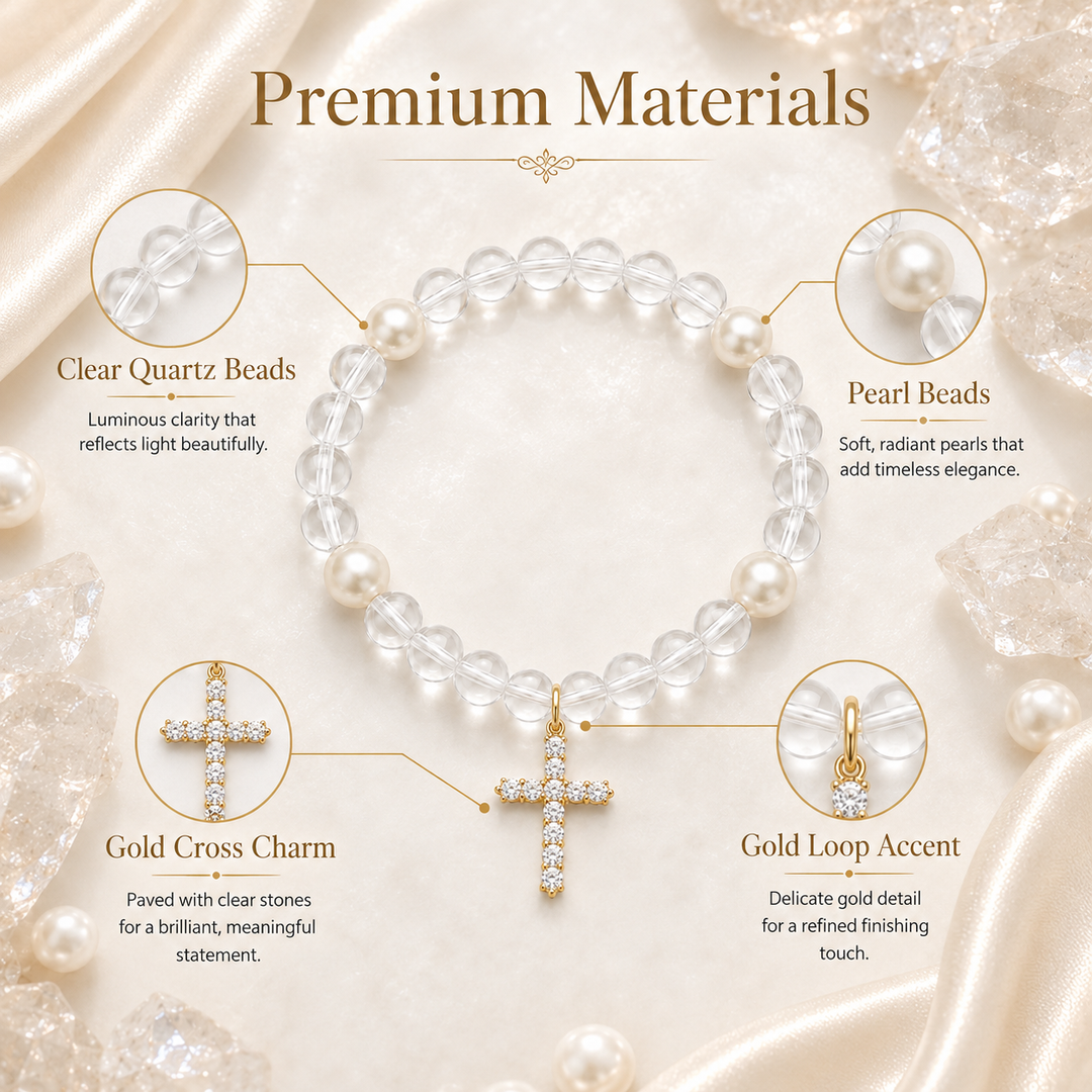 Clear Quartz Pearl Cross Bracelet – Clarity & Faith Energy