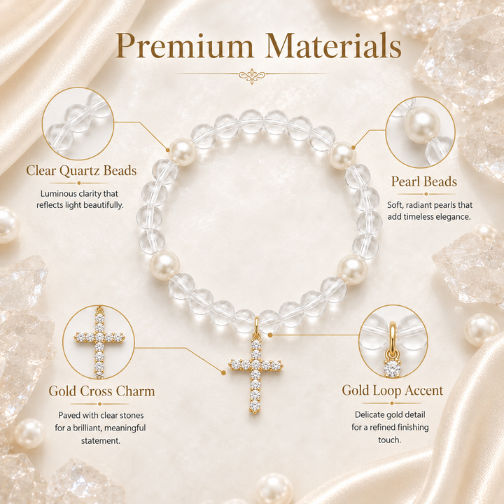 Clear Quartz Pearl Cross Bracelet – Clarity & Faith Energy