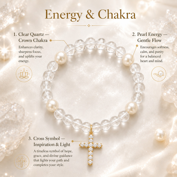 Clear Quartz Pearl Cross Bracelet – Clarity & Faith Energy