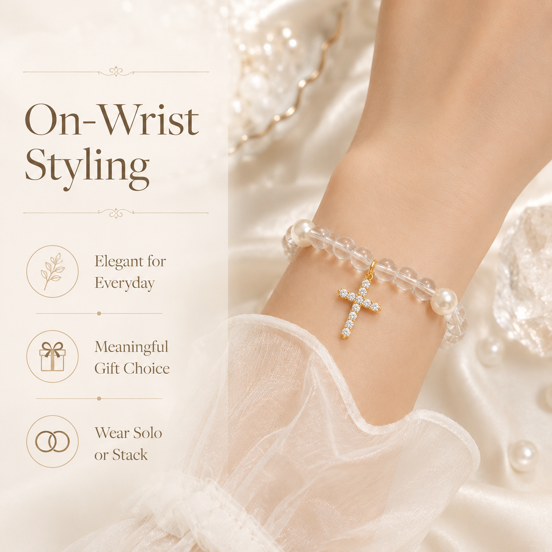 Clear Quartz Pearl Cross Bracelet – Clarity & Faith Energy