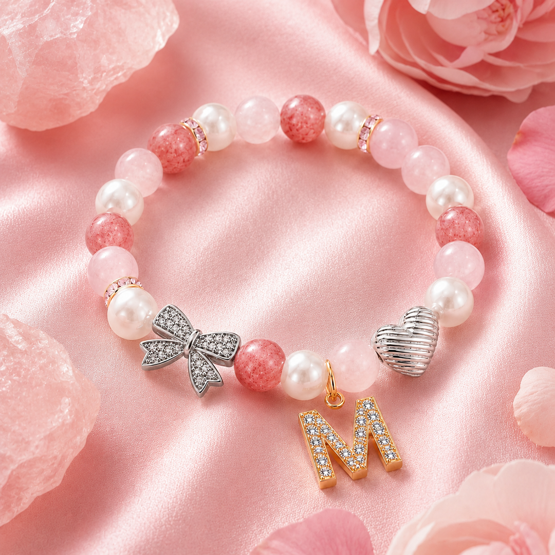 Rose Quartz Strawberry Crystal Pearl Initial Bracelet – Love & Sweet Charm Energy