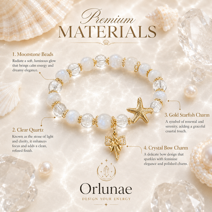 White Moonstone Clear Quartz Starfish Bracelet – Purity & Ocean Light Energy