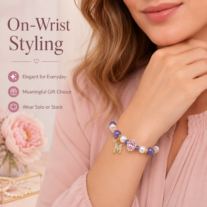 Rose Quartz Amethyst Pearl Initial Bracelet – Love & Intuition Energy
