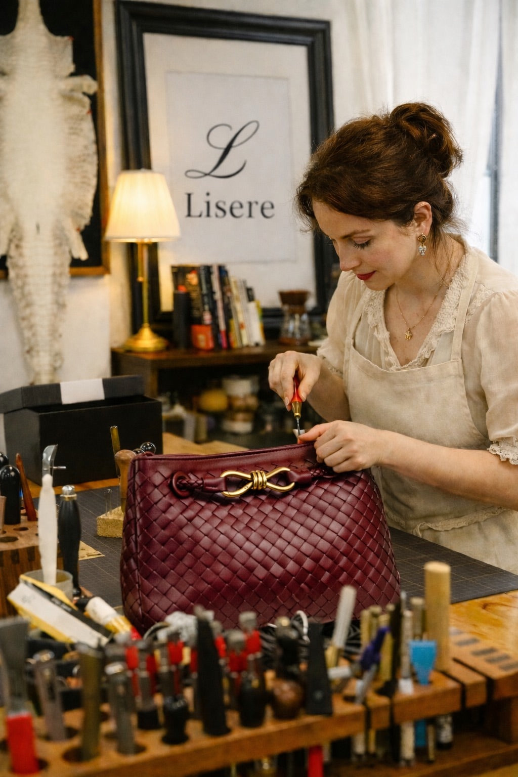 Craftsperson finishing a woven burgundy bag